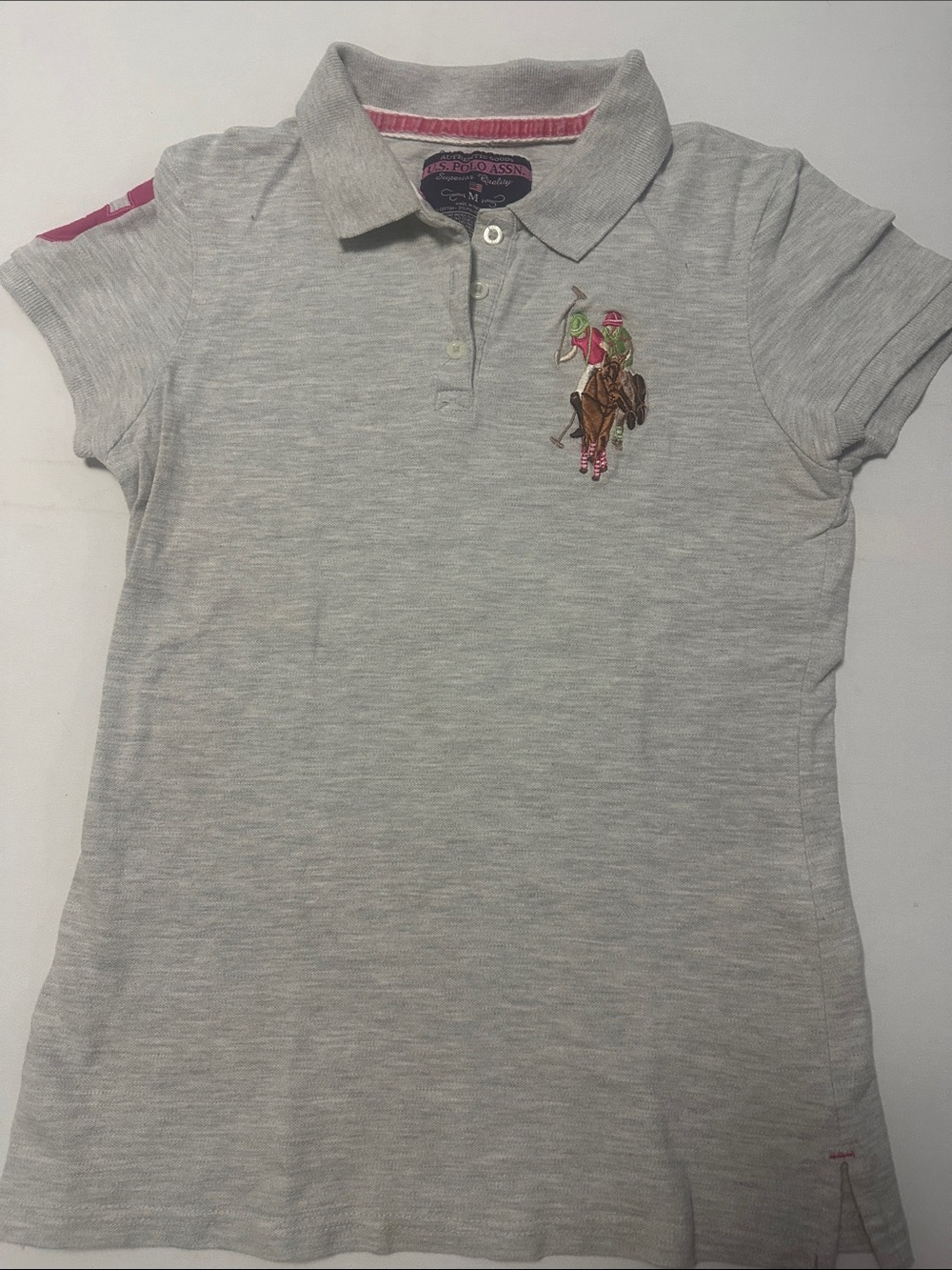 U.S. Polo Assn. Light Gray women’s medium Jr. Polo with Pink Logo Accent